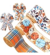 JarThenaAMCS 3 Roll Fall Wired Edge Ribbon Autumn Pumpkin Leaves Plaid Ribbon Blue Orange Thanksg...