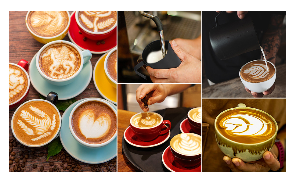 Collage of six images showing latte art in various coffee cups. Various designs visible in milk foam including hearts, leaves, and rosetta patterns. Shows both finished designs and pouring technique.