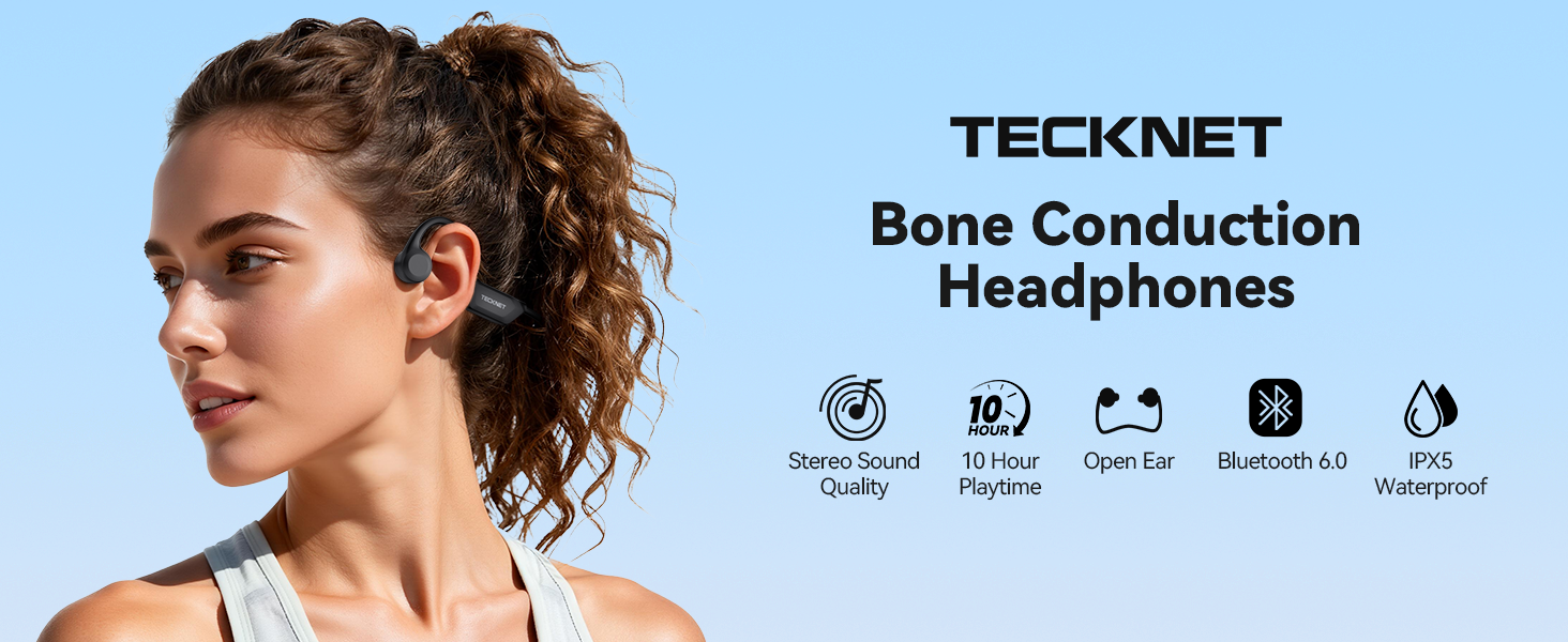 Text reads 'TECKNET' and 'Bone Conduction Headphones'. Series of product photos showing wireless bone conduction headphones with various icons indicating features and specifications.
