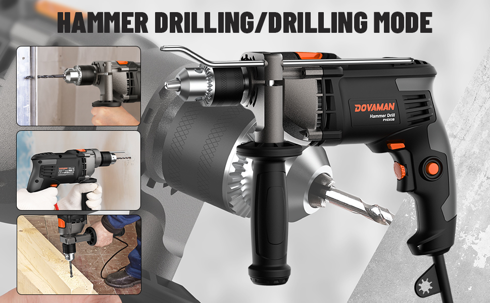 Electric hammer drill with dual modes: hammer drilling and regular drilling. Features include adjustable handle, metal chuck, and demonstration images showing use on concrete and wood surfaces.