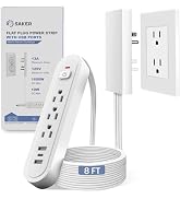 Saker Outlet Concealer Power Strip, 8FT Surge Protector Flat Extension Cord with 3 Outlets and 3 ...