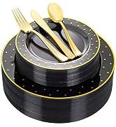 DaYammi 200Pcs Gold and Black Plastic Plates with Silverware,Black Disposable Plates for Party Bl...