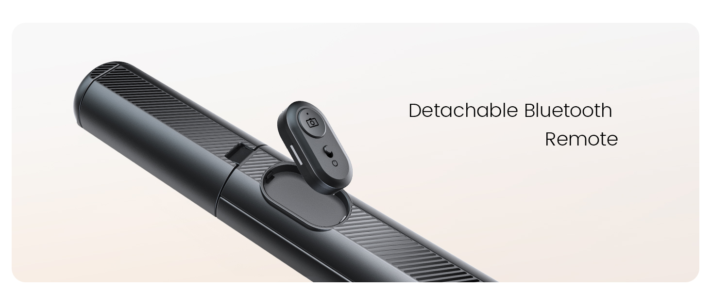 Black soundbar or speaker device with detachable Bluetooth remote control mounted on surface, showing sleek modern design.