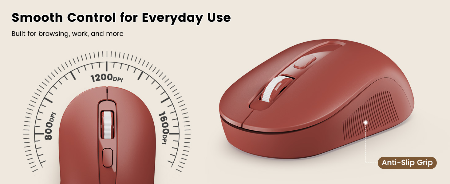 Burgundy wireless mouse with adjustable DPI and anti-slip grip for smooth control.