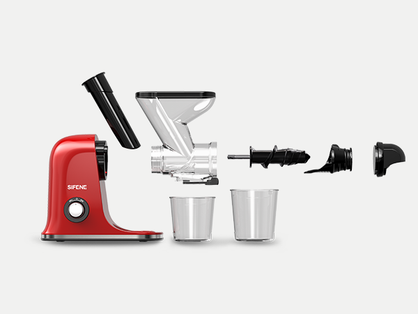 Red aluminum cold press juicer exploded view for easy assembly and iron core motor durability.