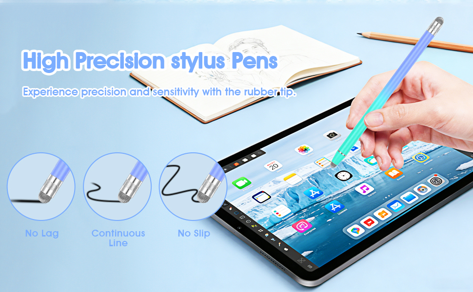 Text reads 'High Precision stylus Pens'. Series of images showing stylus pens being used on tablet devices, demonstrating writing and drawing functionality.