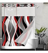 Nkzply No Hook Shower Curtain and Liner Set Red Striped Shower Curtain with Snap in Liner Fabric ...