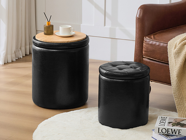 oakvivo Round Ottoman Foot Stool with Storage Set of 2, Storage Ottoman, Faux Leather Footstool