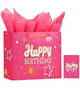 Pink Happy Birthday Gift Bag with Tissue Paper and Greeting Card for Birthday,Party,Happy Bithday...
