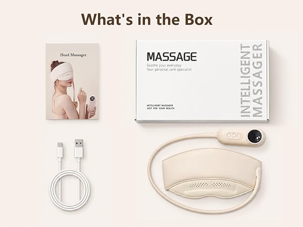 Head massager package includes device, USB cable, manual, storage bag and gift box