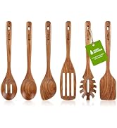 AIUHI Wooden Utensils Set of 6, Teak Wood Kitchen Utensils Set for Non-stick Cookware, Non-Toxic ...