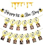 3PCS Happy Bee Day Party Decorations, Bumble Honey Bee 1st Birthday Baby Photo Banner for Newborn...