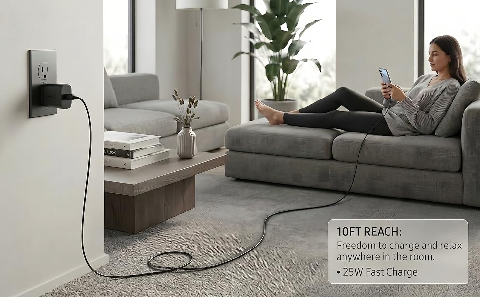 10ft extra long type-c cable and 25w charger block used by woman relaxing on living room couch