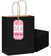Bakepacker 200-Pack Small Size Gift Paper Bags with Handles Bulk 8.3"x6"x3.20" Black Party Kraft ...