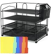 Neudeco Mesh Office Supplies Desk Organize,4-Trays Desk Paper Letter Tray Organizer with Drawer a...
