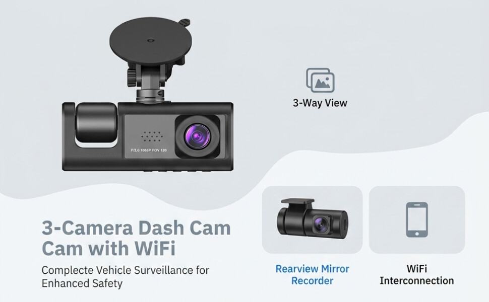 Shkalacar 3 Channel Dash Cam WIFI 3 Cameras