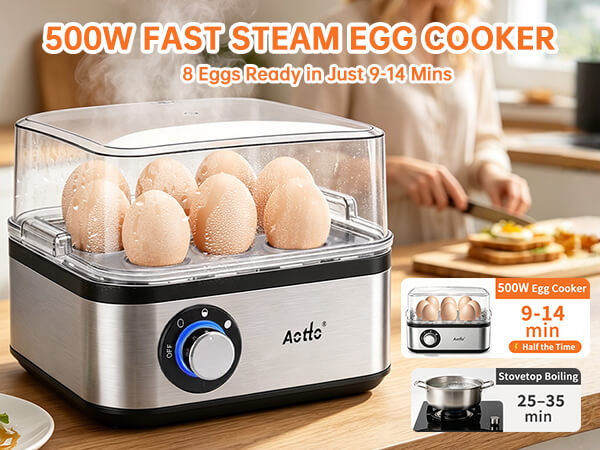 Text reads '500W FAST STEAM EGG COOKER' and 'Acrio'. Stainless steel and black egg cooker with transparent chamber containing brown eggs, blue control dial, and timing specifications '9-14 min' and '25-30 min' shown.