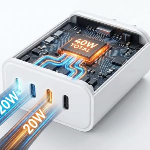 40W USB C charger block X-ray showing smart chip distributing 20W fast charging to two ports