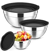 Herogo Stainless Steel Mixing Bowls with Lids Set of 3, 1.5/3/4.6Qt, Black | Nesting Serving Sala...