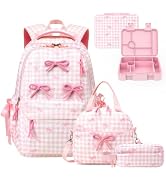 Similove Backpack for Girls, Corduroy 4PCS Bow Girls Backpack with Bento Lunch Box, Insulated Bag...