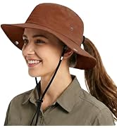 Womens Sun Hat with Hidden Ponytail Opening Wide Brim UPF50+ Waterproof Bucket Rain Hat with Remo...
