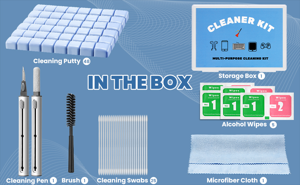 AirPods cleaning kit with putty, pen, brush, swabs, wipes, microfiber cloth, and storage box