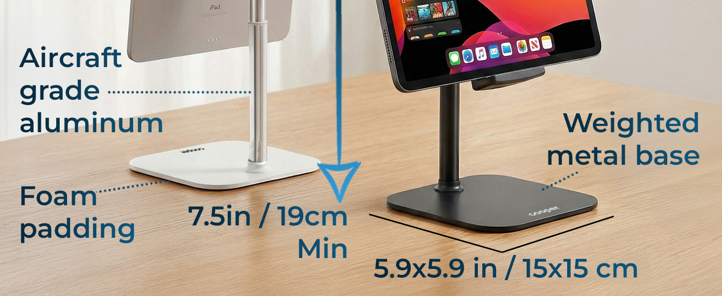 Tablet stands with weighted base and aluminum build; iPad holder for desk and soporte para tablet.