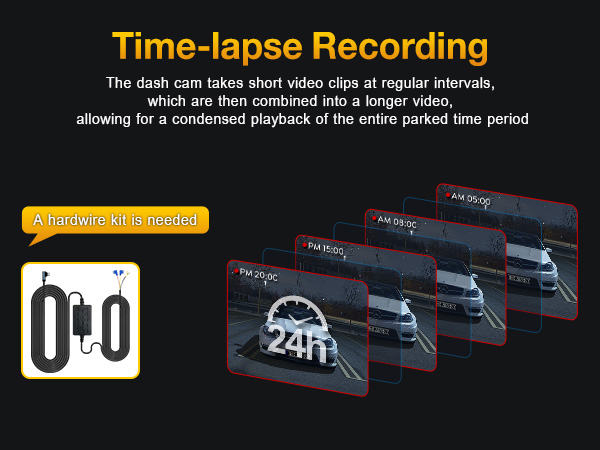 Illustration demonstrating time-lapse recording feature of a dash cam, showing multiple sequential frames captured over a 24-hour period.
