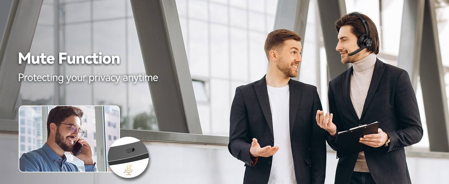 Split image showing two men in business attire talking, and inset of man on phone. Text overlay reads 'Mute Function' and 'Protecting your privacy anytime'.