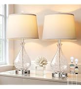 QiMH Glass Table Lamps for Living Room, Bedside Lamps Set of 2 with USB A+C Charging Ports, 3 Way...