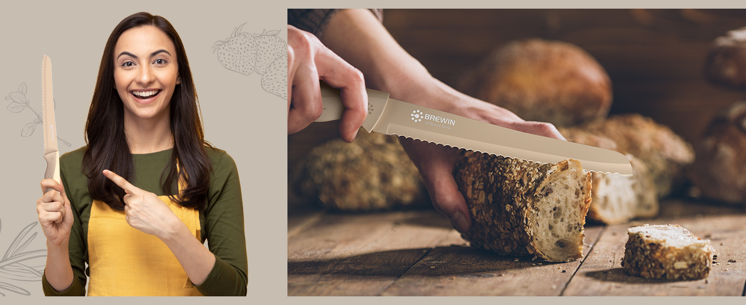 Bread knife slicing multigrain loaf, shown with happy user holding serrated kitchen knife