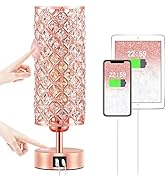 Hong-in Crystal Table Lamp, Rose Gold Lamp with USB C+A Ports, 3 Way Dimmable Light with Crystal ...