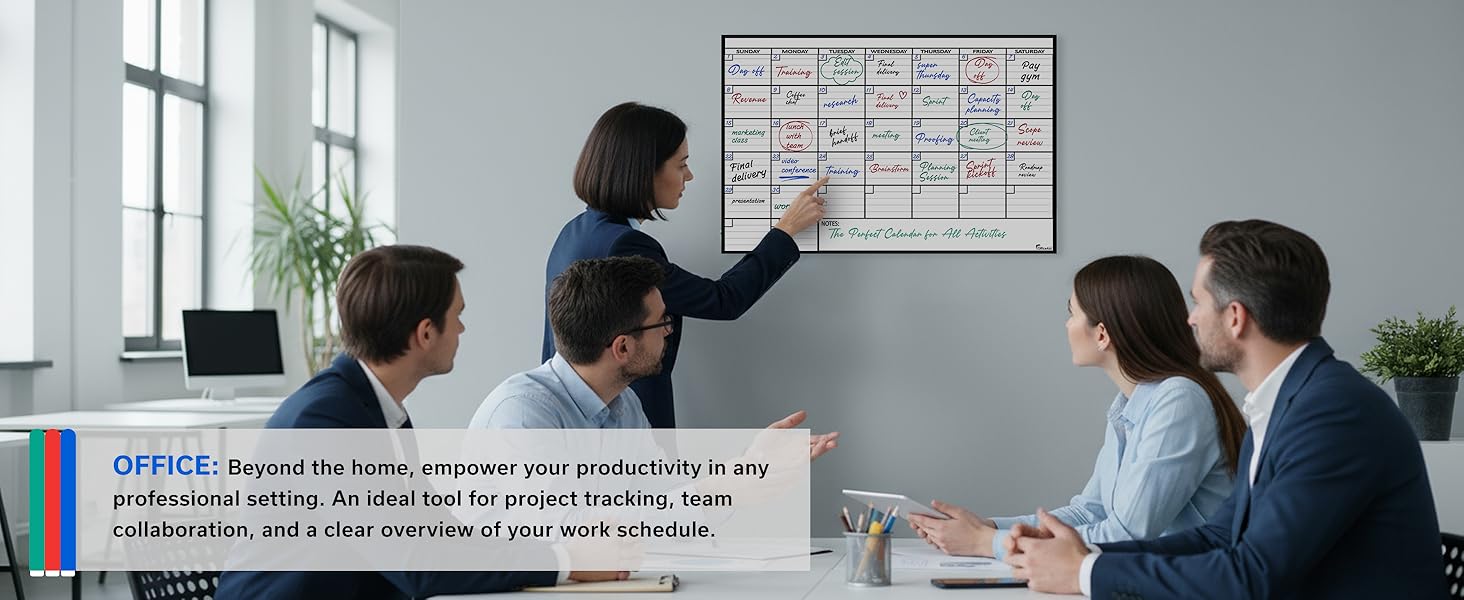 OfficeAid dry erase wall calendar used in an office for team planning and project tracking