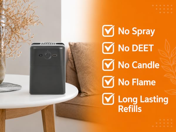No Spray, No DEET, No Candle, No Flame, Long Lasting Refills