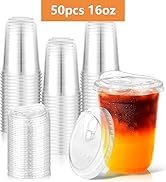 KesaPlan 50 Pack 16oz Clear Plastic Cups with Sip Lids, Disposable Iced Coffee Cup with Strawless...