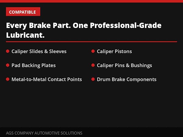 AGS Brake Lubricant at brake rotor with six compatible brake part applications listed