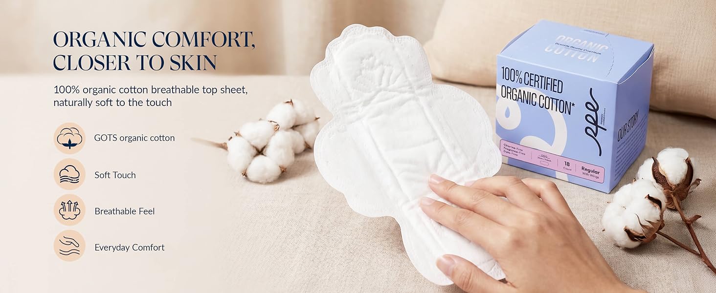 Organic cotton pads with breathable top sheet, soft touch, and everyday comfort.