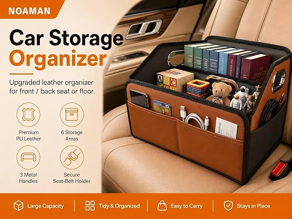 Noaman leather car organizer for front or back seat with secure storage pockets
