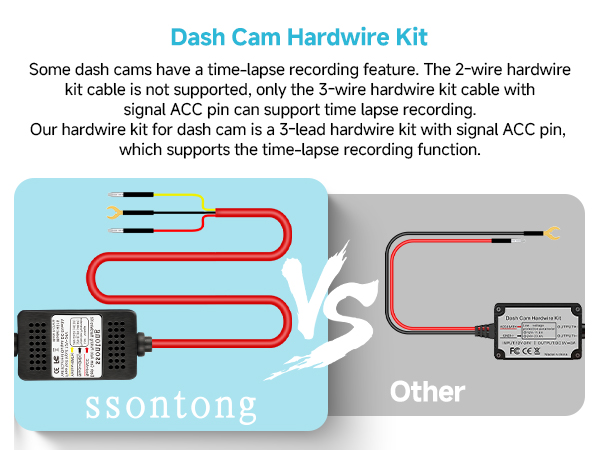 Dash cam hardwire kit comparison. Left: 3-wire kit with ACC pin for time-lapse recording. Right: Simpler 2-wire kit. Wiring diagrams shown for both.