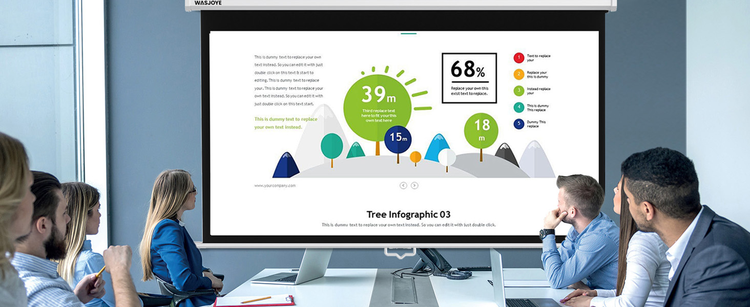 Business meeting with people viewing a large screen displaying an infographic. The infographic shows colorful shapes and percentages, including 39% and 68%.