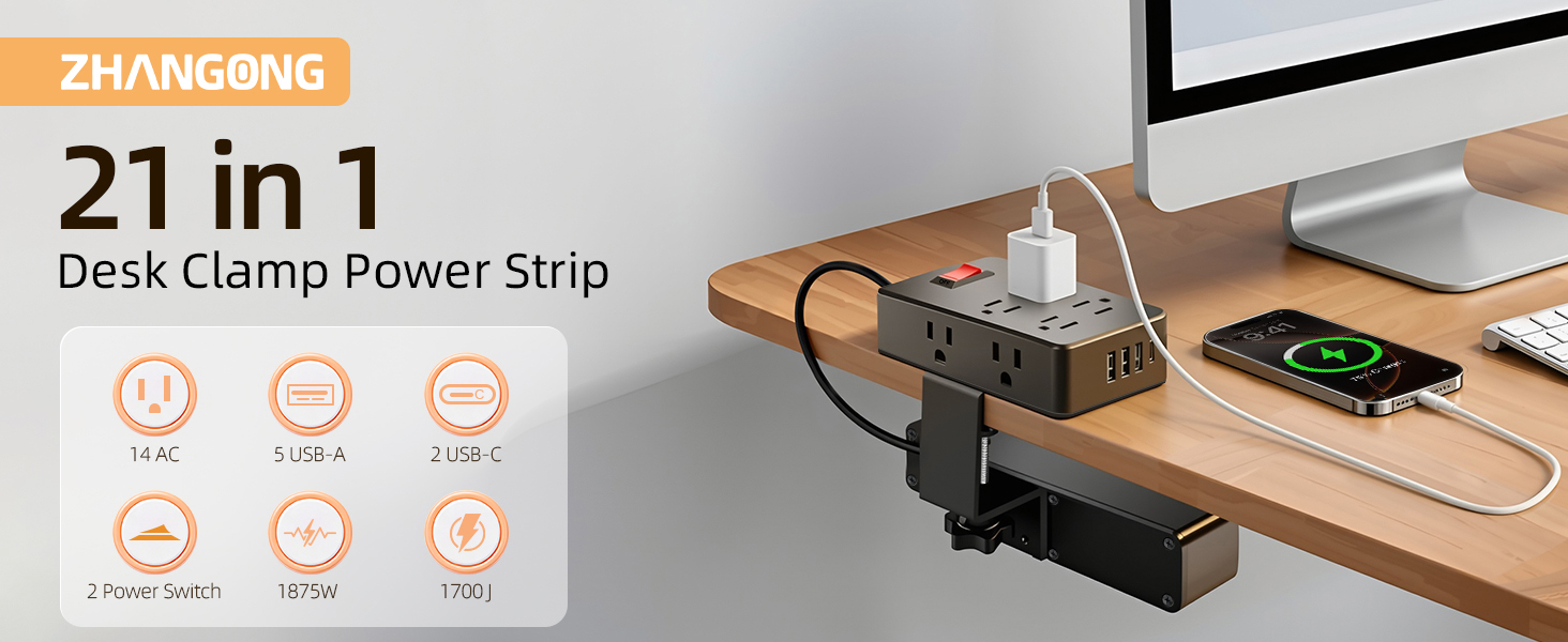 Dual Layer Desk Clamp Power Strip