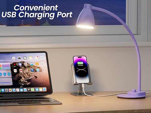 LED Desk Lamp with USB Charging Port Dimmable Reading Lamp Task Table Light Office Dorm Bedside