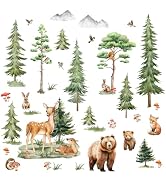 Large Forest Tree Wall Stickers - Removable Watercolor Pine Tree Wall Decals with Animals (Deer, ...
