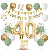 40th Birthday Decorations for Women Men, Sage Green White Gold Birthday Balloons with Happy 40th ...