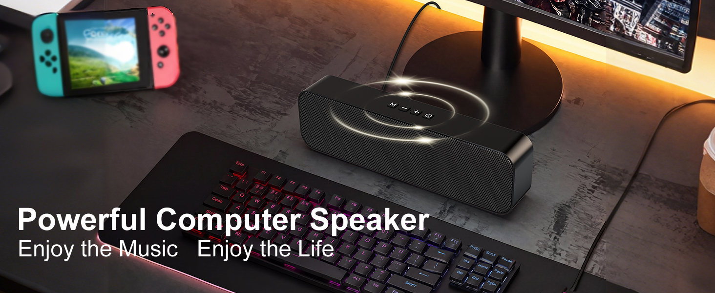 Black computer speaker for desktop PC, USB powered, stereo sound