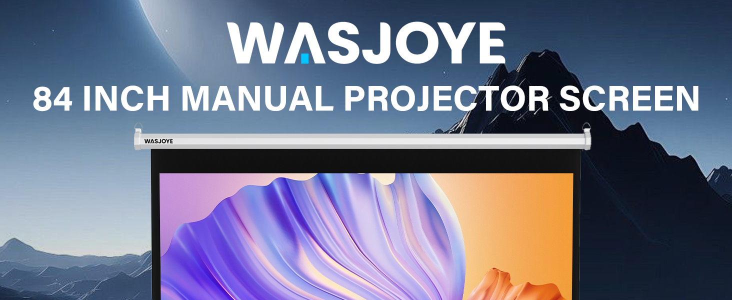 84-inch manual projector screen by Wasjoye. White casing with pull-down screen displaying colorful abstract image. Mountain backdrop in marketing image.