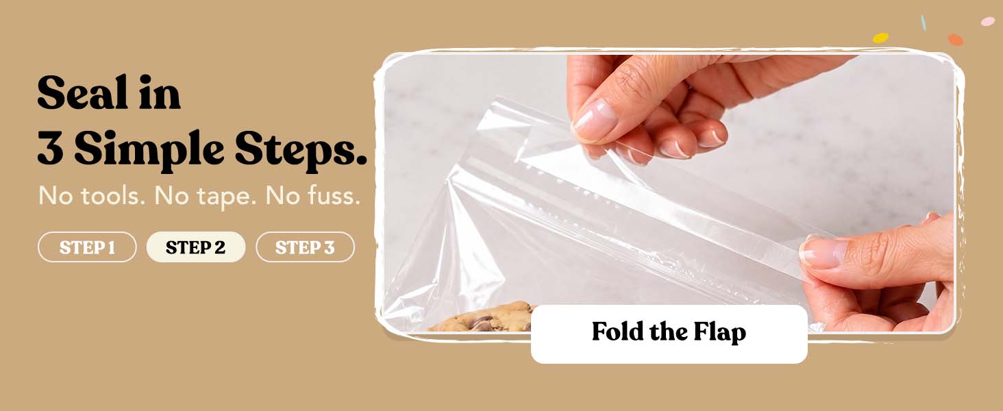 Step 2, fold the flap: hands folding the self-seal flap over a clear cello bag of cookies