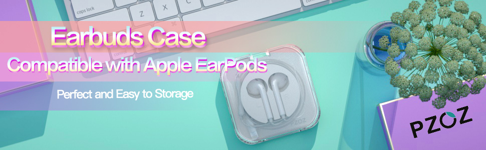 Product advertisement showing a gray plastic earbud storage case compatible with Apple EarPods, displayed on a teal and pink gradient background with text overlay.
