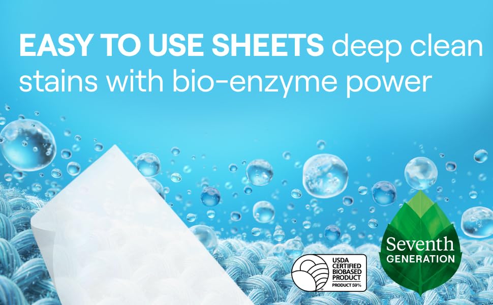 Easy to use sheets deep clean stains with bio-enzyme power. blue background with sheet dissolving