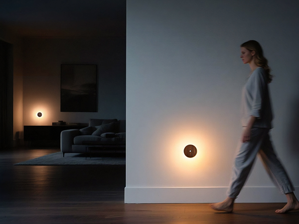 Solid wood motion night light in living room with soft backlight.
